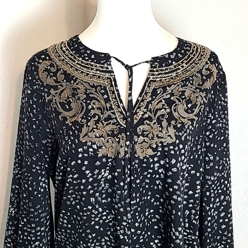 Chico's Black Blouse, White Dots, Gray Embroidered Neckline, Gold Beads,Sz 0,Sml - Picture 6 of 14